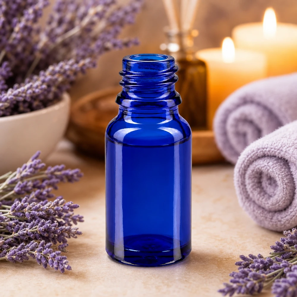 Frasco de boticário azul de 10 ml com rosca para óleos essenciais e gotas de vidro resistente