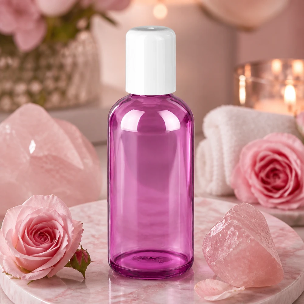 Frasco roll-on transparente de 100 ml com tonalidade roxa e tampa roll-on prática