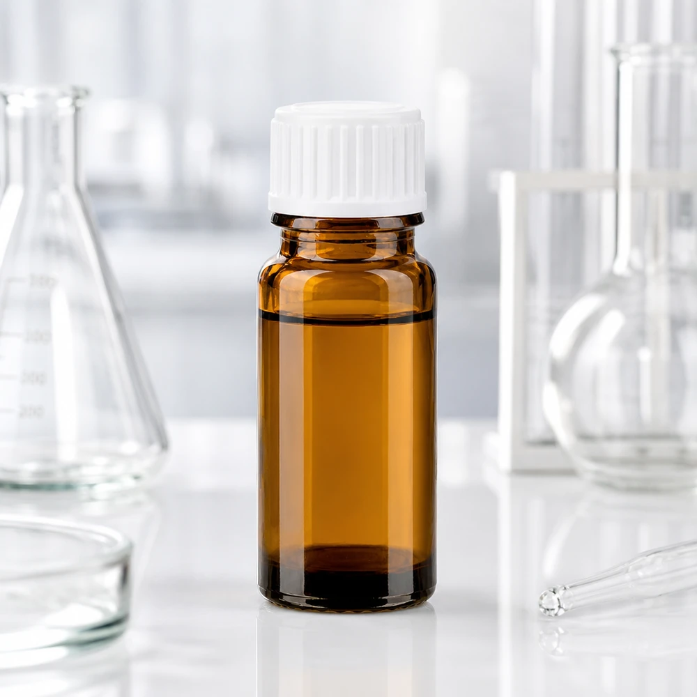 Frasco farmacêutico de vidro castanho de 10 ml com tampa conta-gotas branca no laboratório