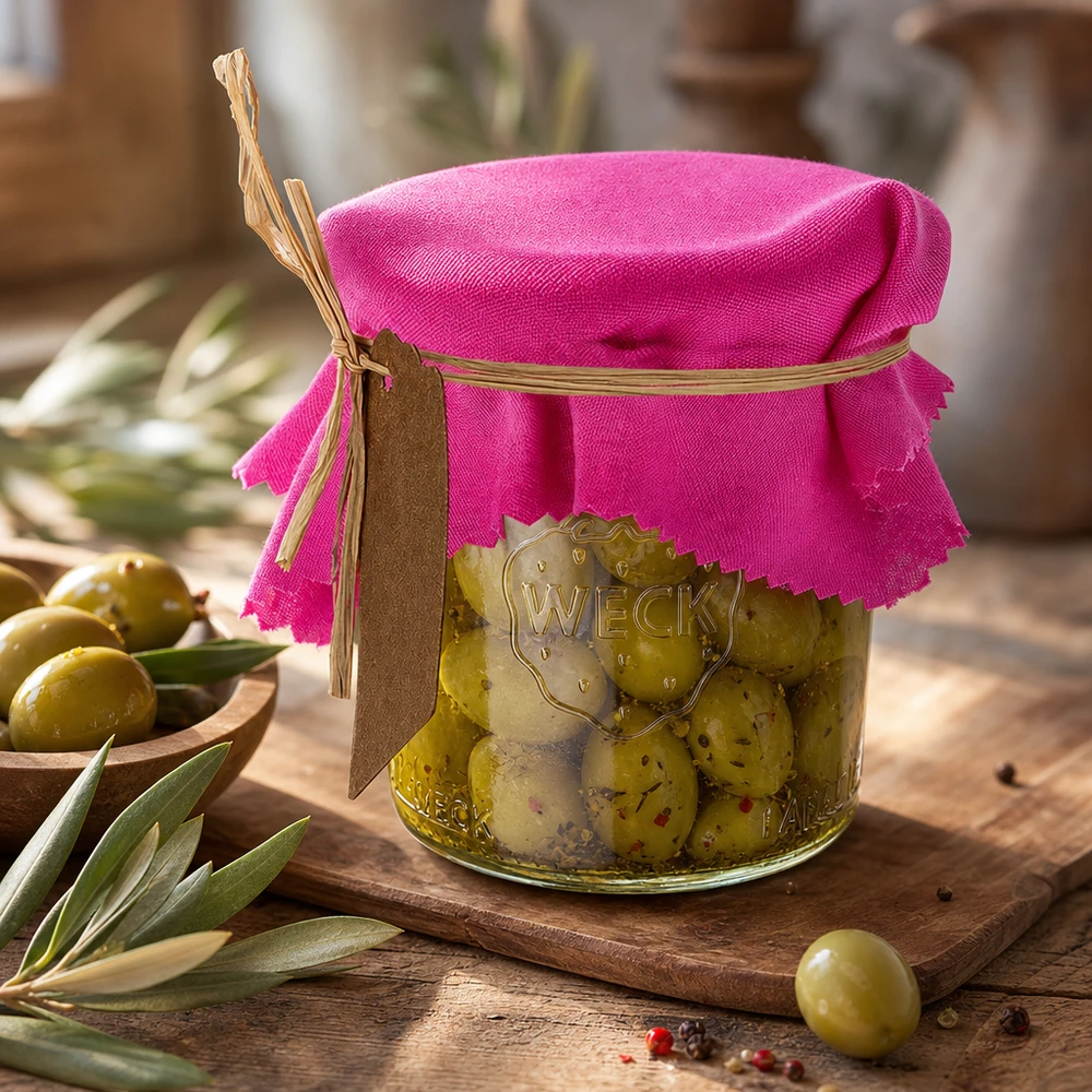 Guardanapo de tecido cor-de-rosa de 12 cm quadrados num frasco de azeitona com ráfia e etiqueta numa cena de decoração mediterrânica