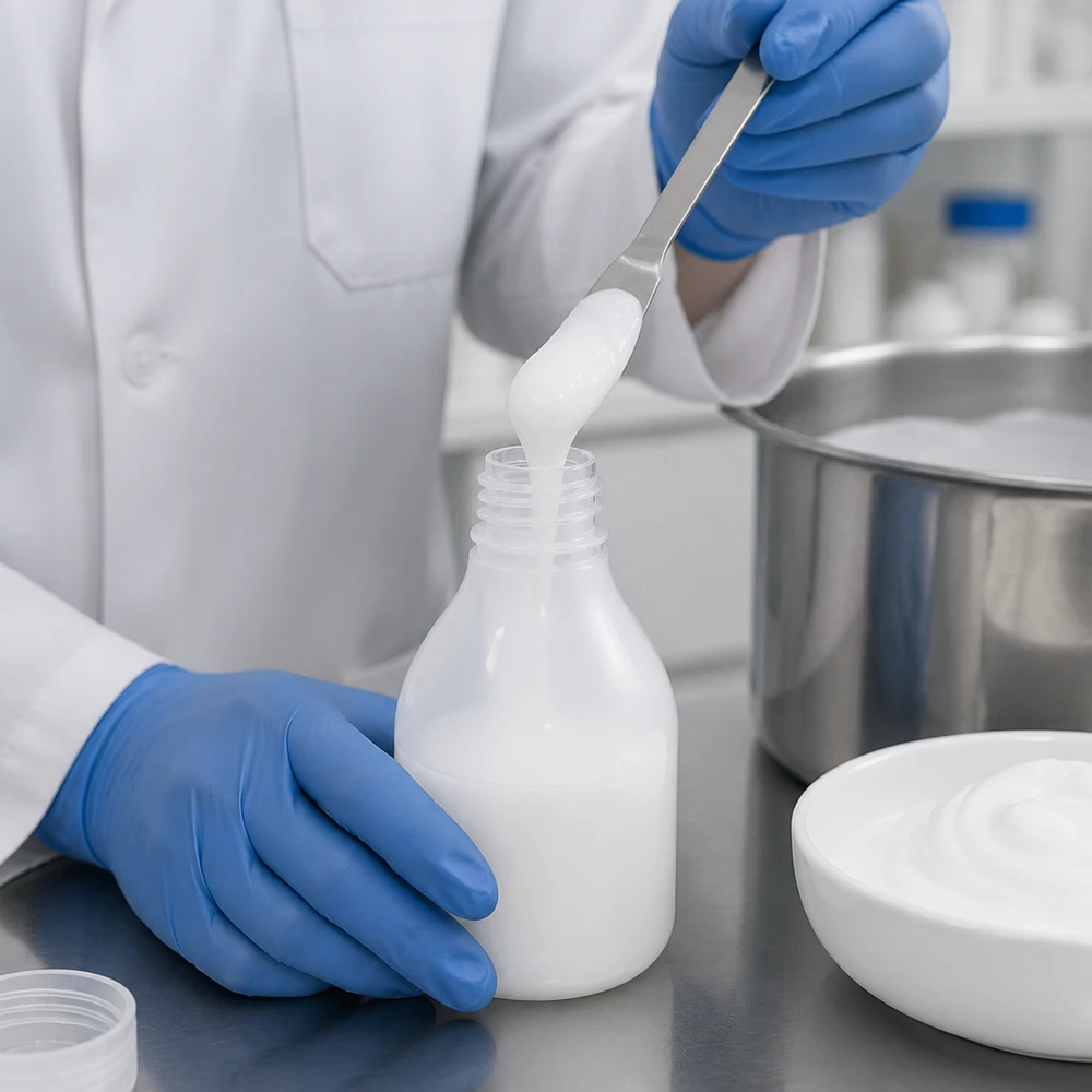 Um frasco de laboratório branco de gargalo estreito, com 30 ml, é enchido com uma substância cremosa por um técnico de laboratório que usa luvas