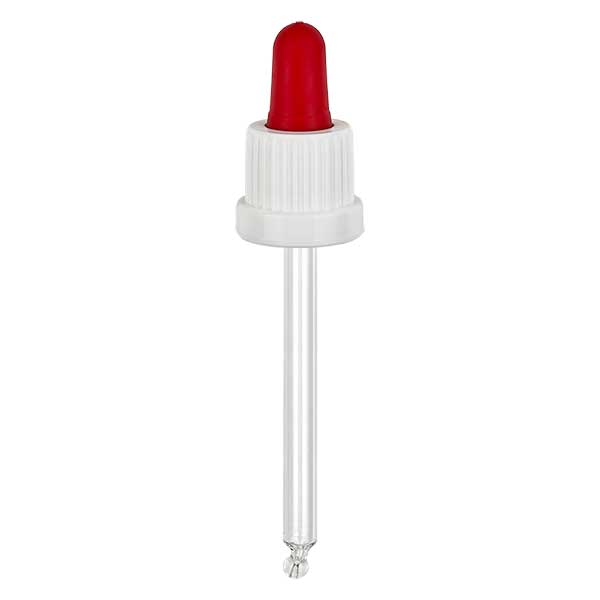 Pipeta conta-gotas de vidro branca/vermelha 18mm PL78 com fecho inviolável Pipeta conta-gotas de vidro branca/vermelha 18mm PL78 com fecho inviolável