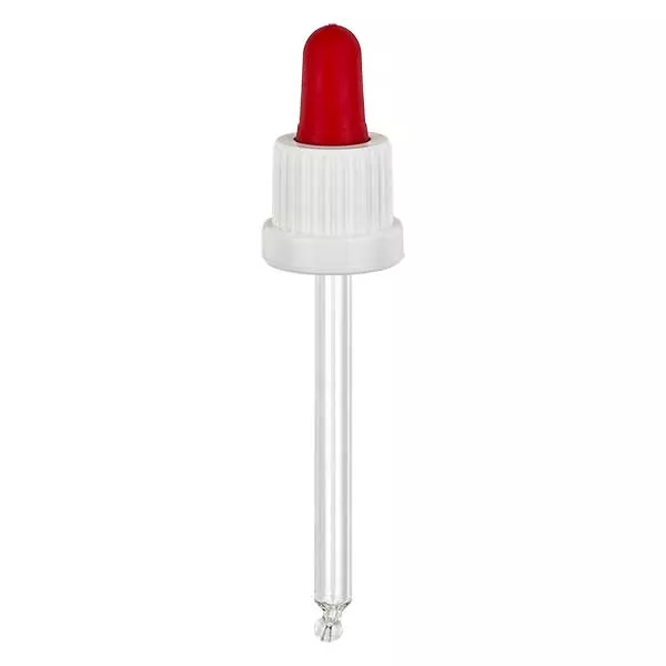 Pipeta conta-gotas de vidro branca/vermelha 18mm PL78 com fecho inviolável Pipeta conta-gotas de vidro branca/vermelha 18mm PL78 com fecho inviolável