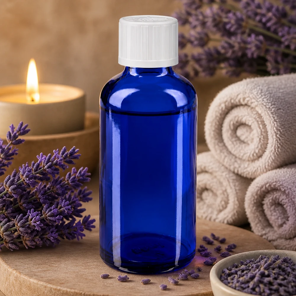 Frasco de vidro azul de 50 ml com conta-gotas, entre flores de lavanda e uma vela, num ambiente de spa