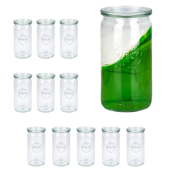Conjunto de 12 frascos Weck frascos cilíndricos de 340 ml com 12 tampas de vidro Conjunto de 12 frascos Weck frascos cilíndricos de 340 ml com 12 tampas de vidro