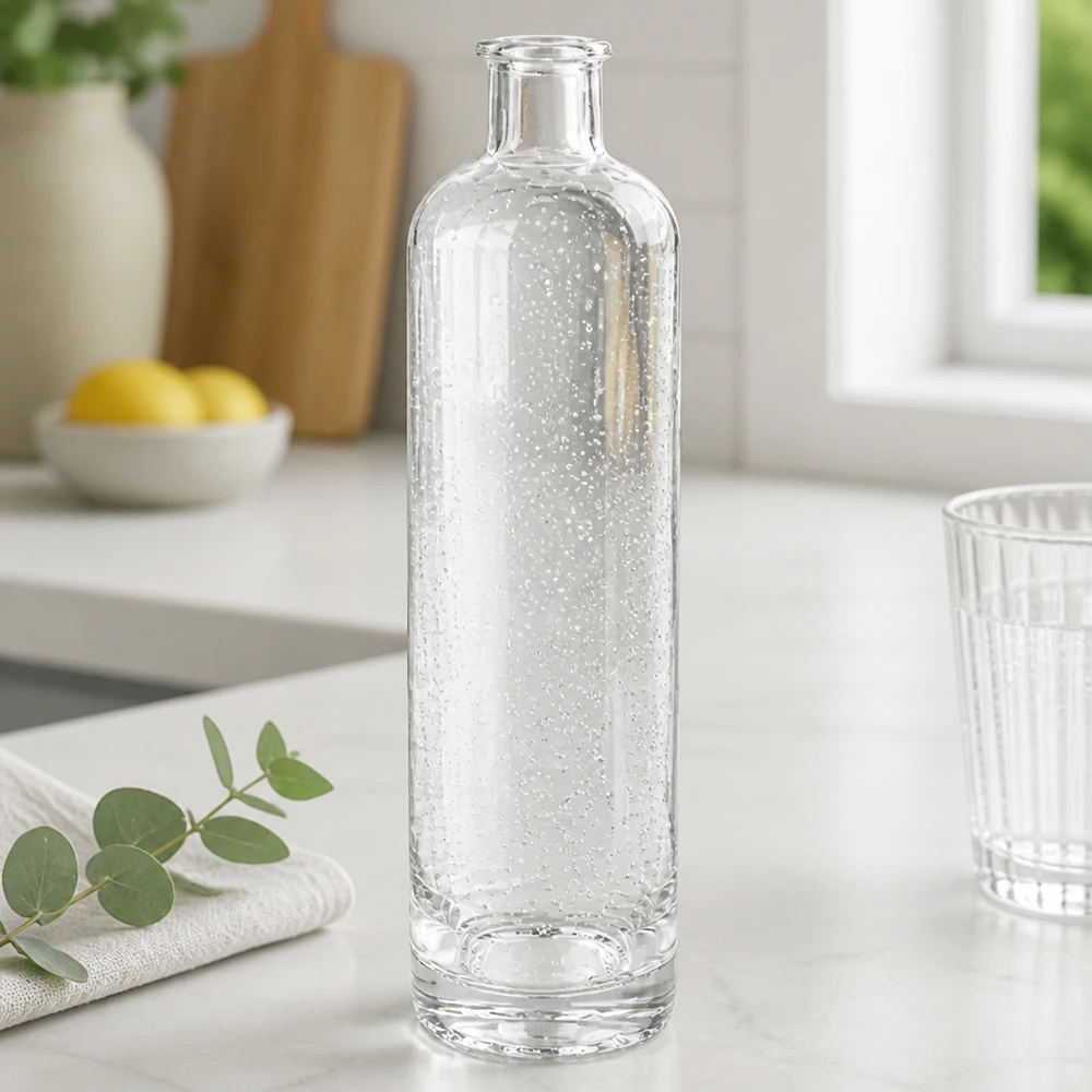 500ml Glasflasche "Ella" ohne Verschluss UNiTWIST 500ml Glasflasche Ella mit Sprudelwasser gefüllt elegante Küchenszene Bubbles sichtbar stilvolle Tischdekoration