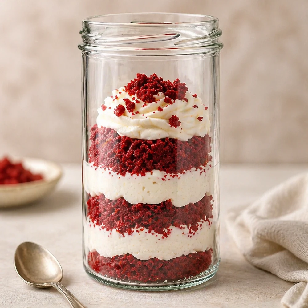Sobremesa de veludo vermelho num copo UNiTWIST de 277 ml com creme e granulado vermelho dispostos em camadas