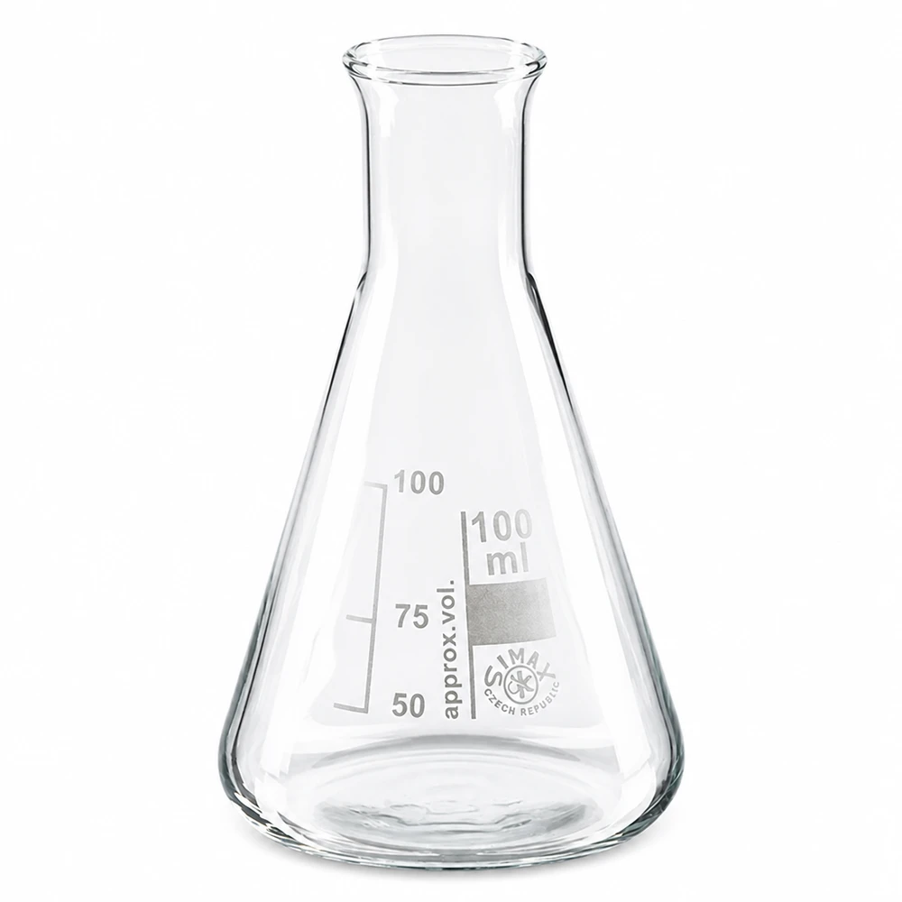 Erlenmeyer 100ml com gargalo estreito Erlenmeyer de 100 ml com gargalo estreito em vidro borossilicato transparente para aplicações laboratoriais