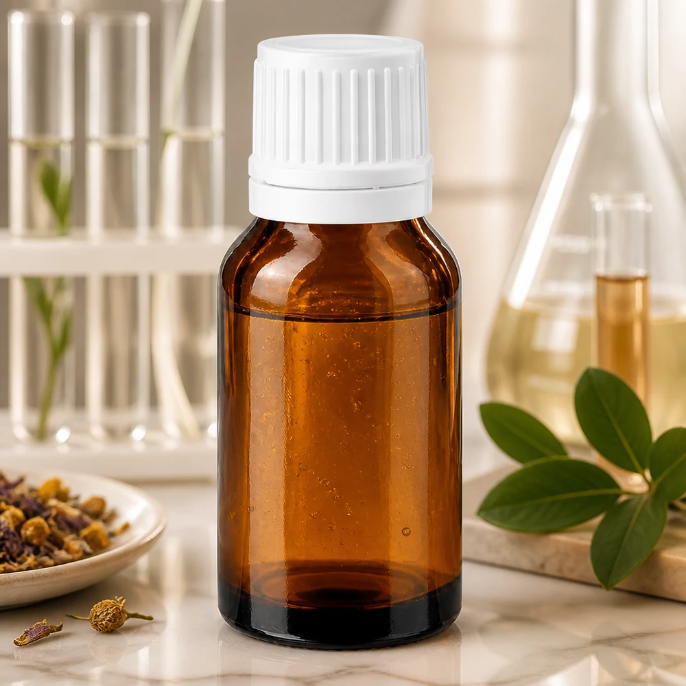 Frasco de farmácia castanho 30ml tampa de rosca branca fecho inviolável Pequeno frasco de vidro castanho de 30 ml com tampa de segurança branca, sobre mármore, entre ervas medicinais