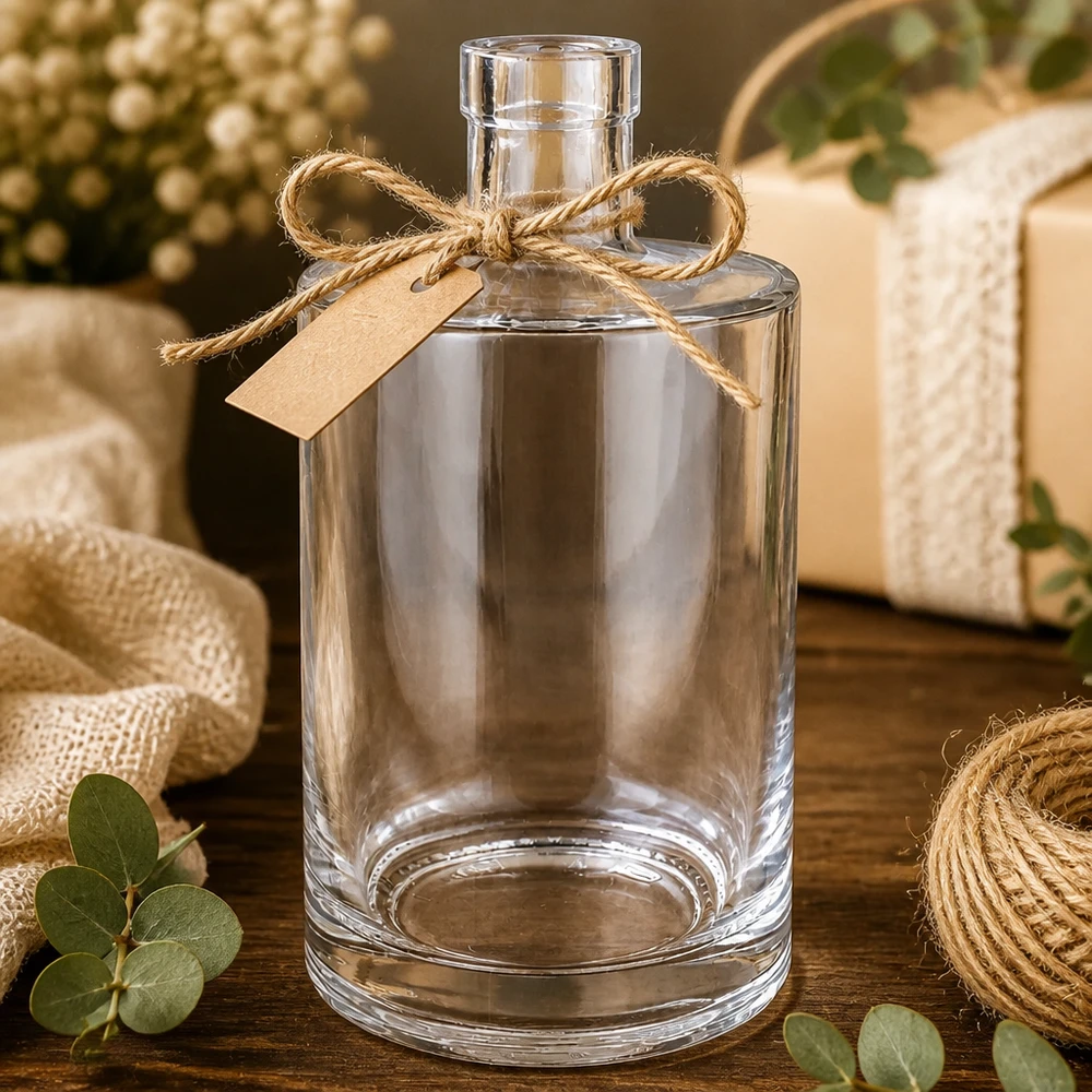 700ml Glasflasche "Galileo" ohne Verschluss UNiTWIST® Garrafa de vidro de 700 ml Marie embrulhada para oferta com um laço de juta e uma etiqueta de papel kraft rústico