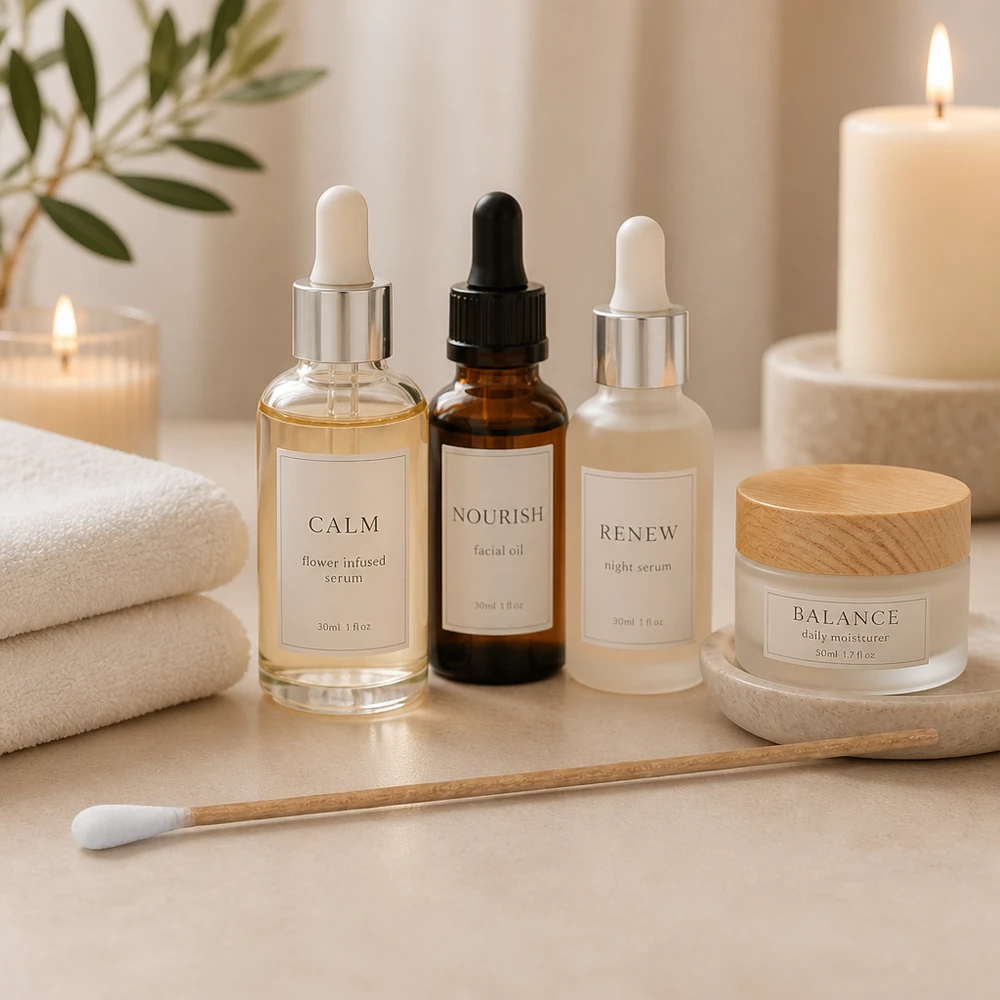 Cotonetes não esterilizados com cabo de madeira, ao lado dos produtos de cuidados da pele Calm Serum e Balance Moisturizer