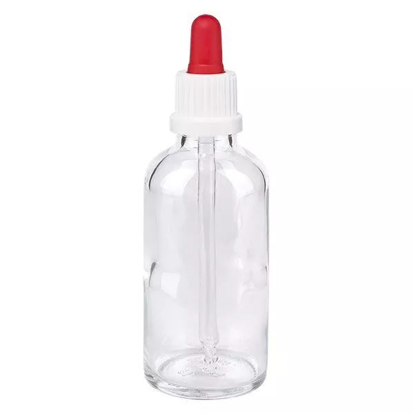 Frasco de farmácia transparente 50ml pipeta branca/vermelha tampa inviolável