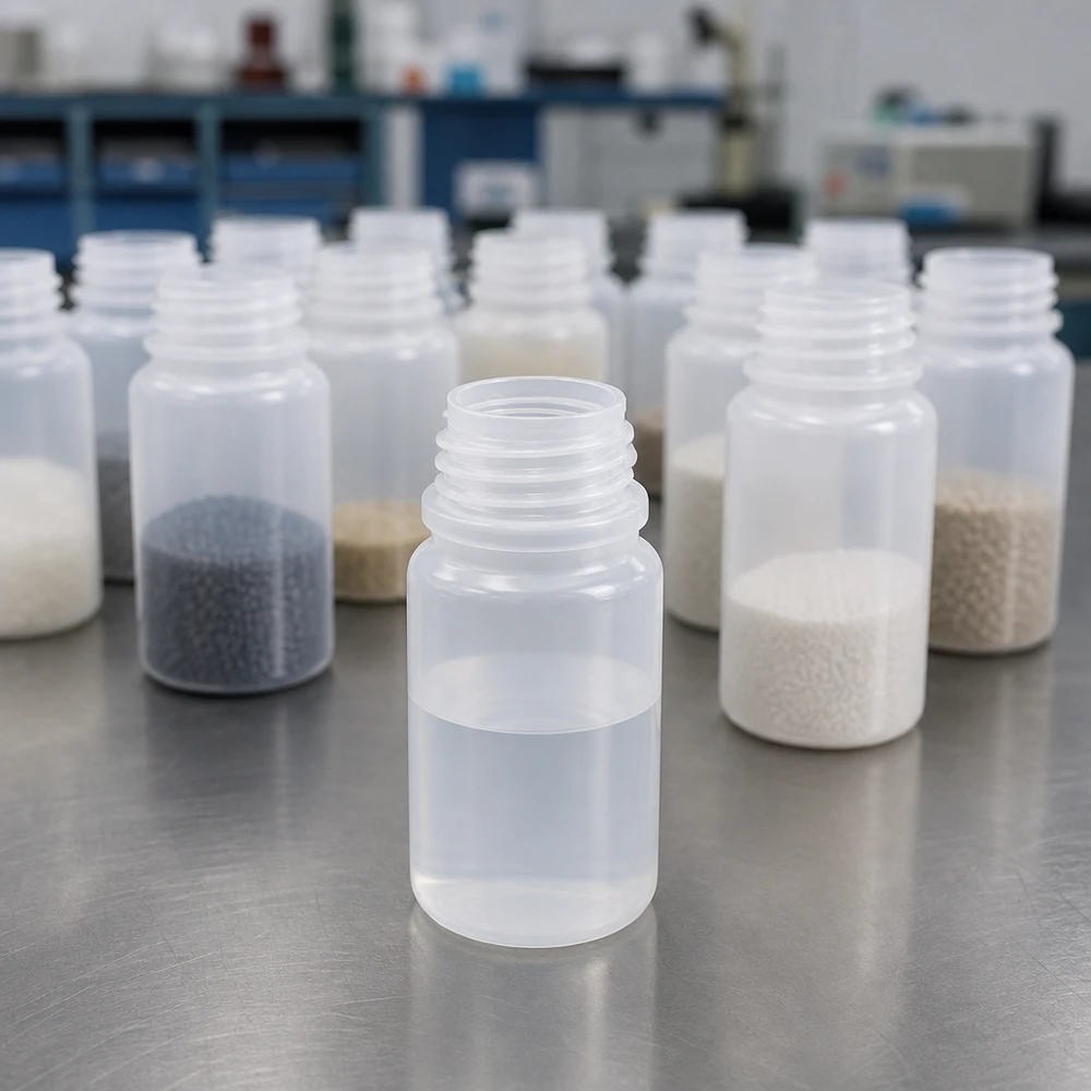 Frasco de laboratório de 50 ml com gargalo largo e sem tampa Vários frascos de laboratório de gargalo largo de 50 ml com grânulos e pós de várias cores numa comparação laboratorial