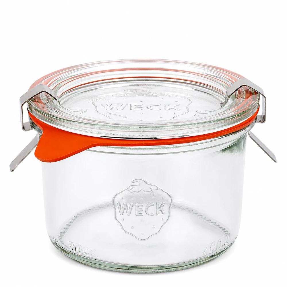 Copos de vidro de 200ml completos WECK RR80 Frasco de conserva WECK 200ml RR80 com tampa de vidro e anel de borracha cor de laranja Frasco de conserva completo