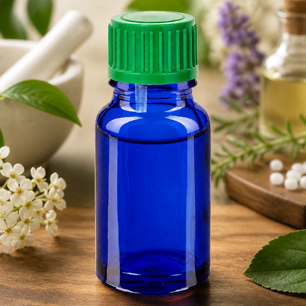 Frasco conta-gotas compacto de 10 ml em vidro azul com tampa verde para pequenas doses