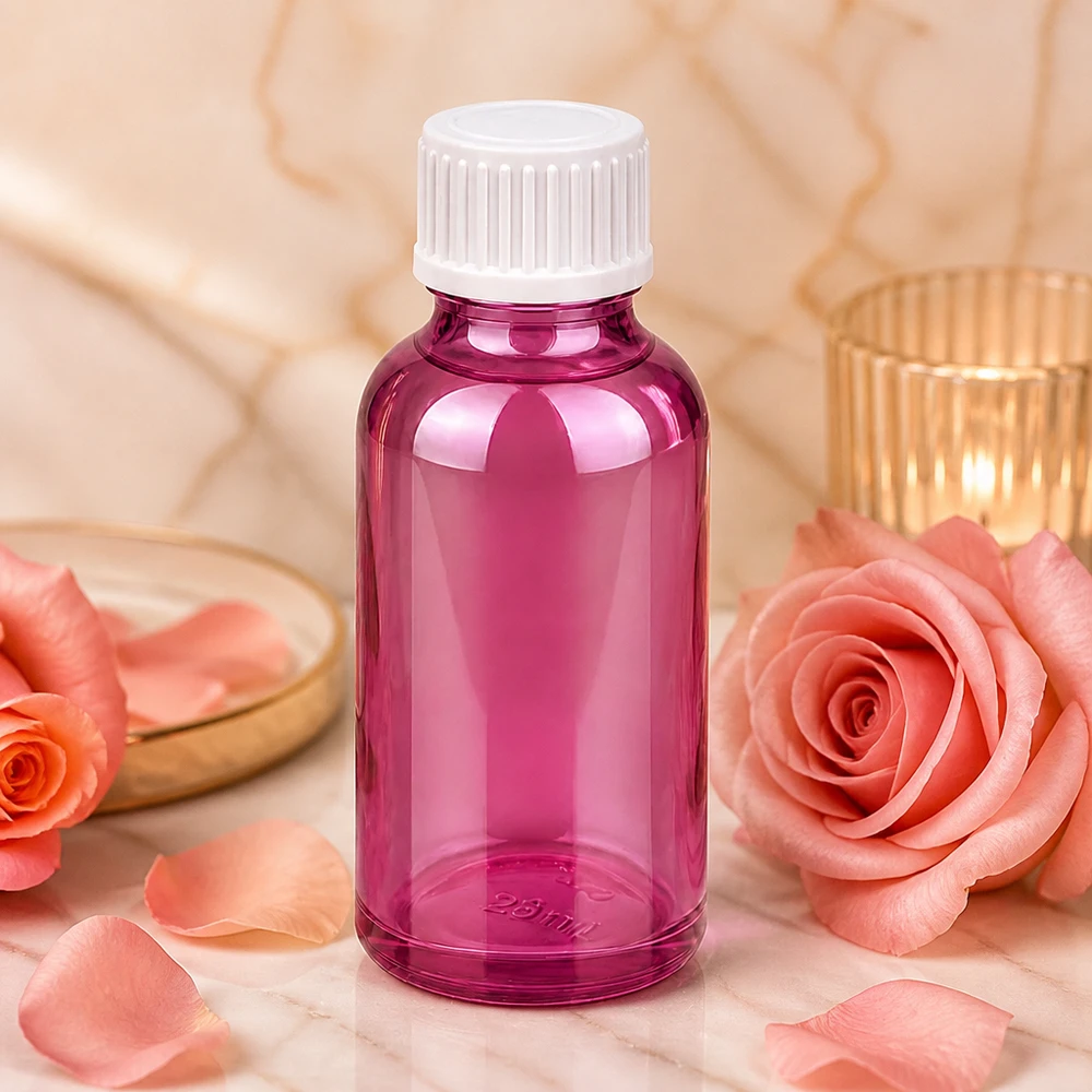 Frasco conta-gotas de 30 ml com tampa de rosca de 0,9 mm branca padrão PurpleLine. UT18/30 Frasco conta-gotas de 30 ml em plástico de alta qualidade, transparente, de cor púrpura e com tampa branca