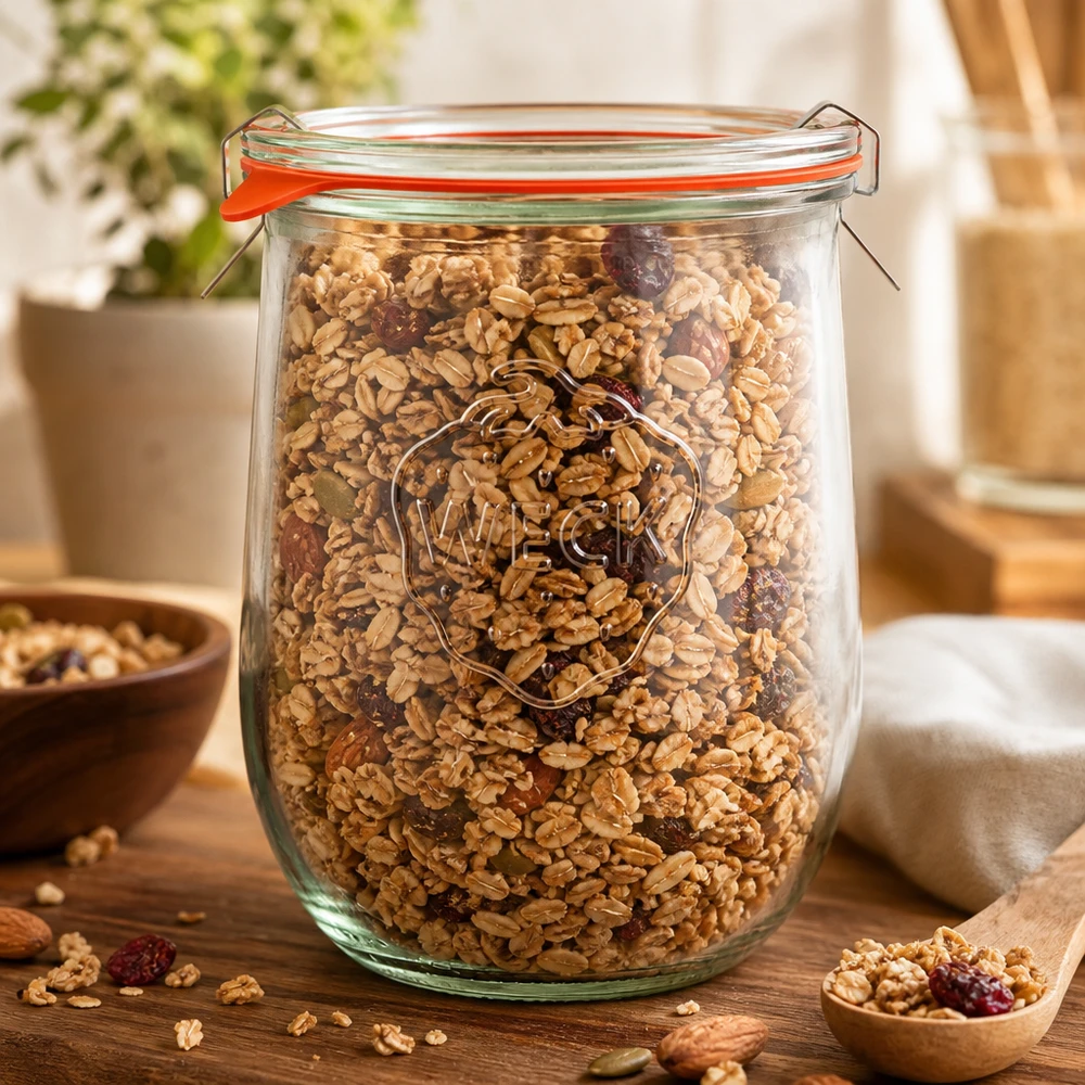 Frasco tulipa de 1062ml completo WECK RR100 Frasco tulipa WECK 1062ml RR100 cheio de muesli e nozes como frasco de arrumação na cozinha com tampa basculante