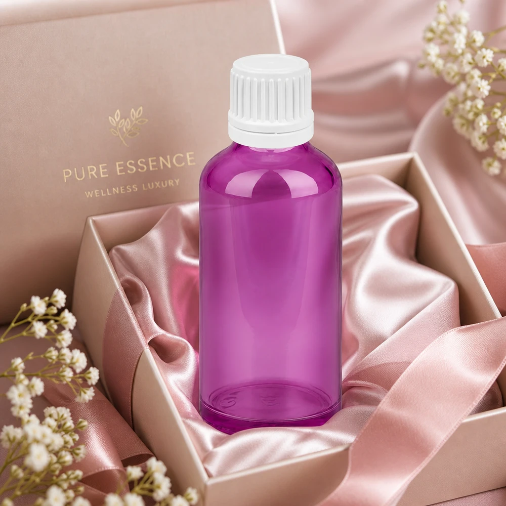 Frasco elegante de 50 ml em design violeta com tampa branca para essências de alta qualidade