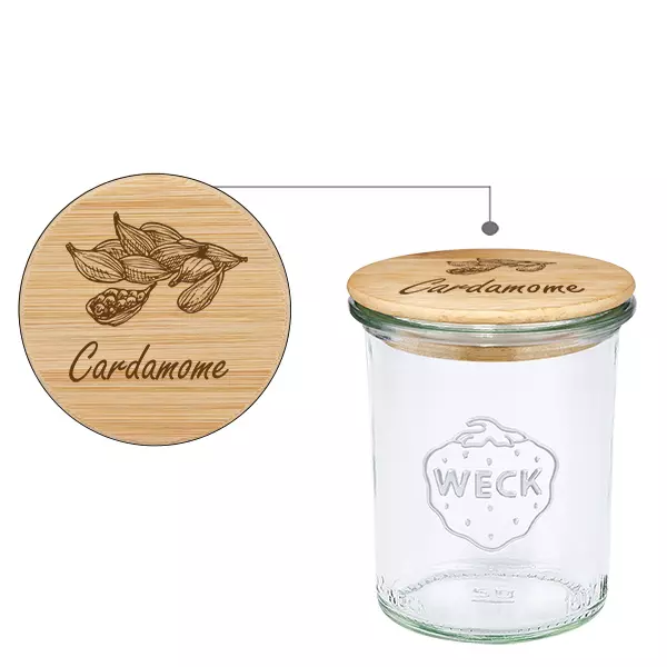 Tampa em madeira "Cardamome" com verniz WECK 160ml Tampa em madeira "Cardamome" com verniz WECK 160ml