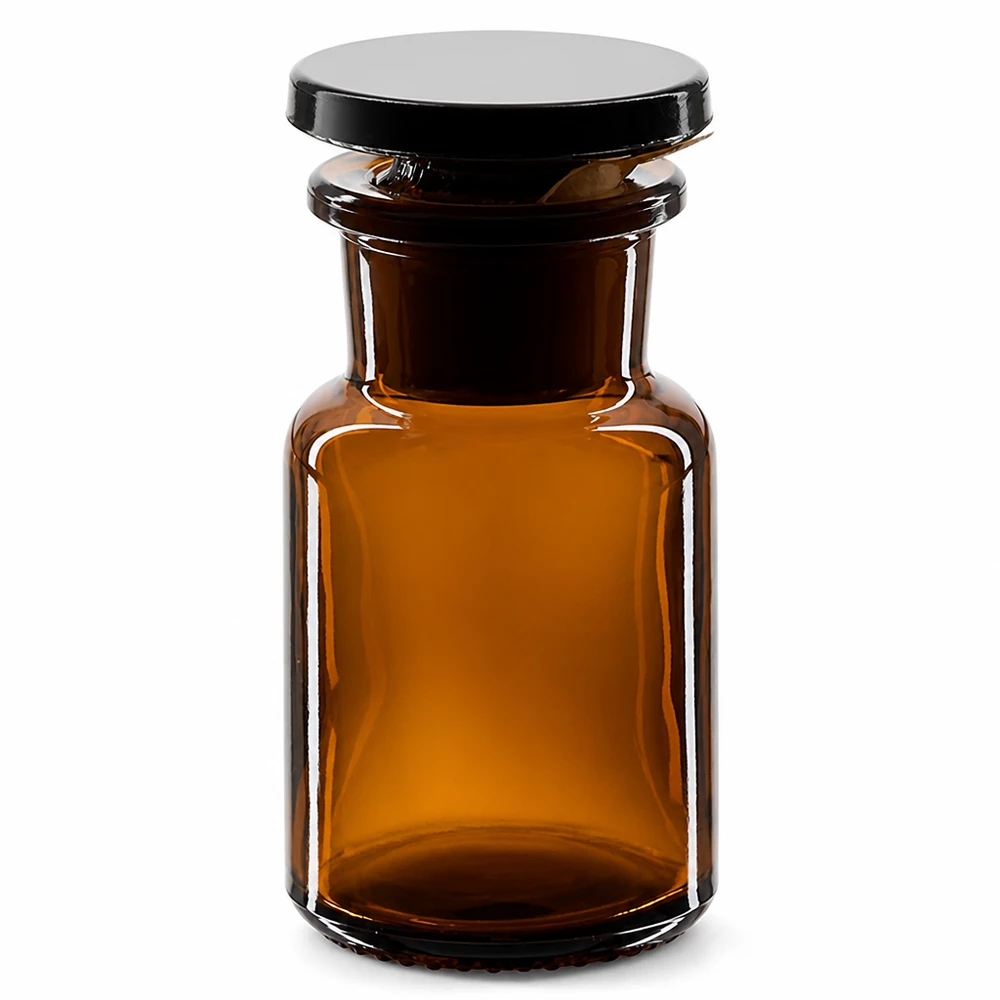 Frasco com ombro redondo 50ml castanho com gargalo largo e rolha de vidro Frasco castanho de ombros arredondados, com 50 ml, com rolha de vidro e gargalo largo, para laboratório e farmácia