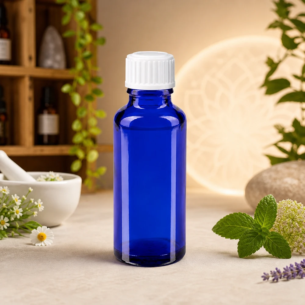 Frasco de farmácia azul 30ml tampa de rosca branco globules standard Frasco de vidro azul de 30 ml com tampa de rosca branca, entre folhas de hortelã fresca e flores de camomila
