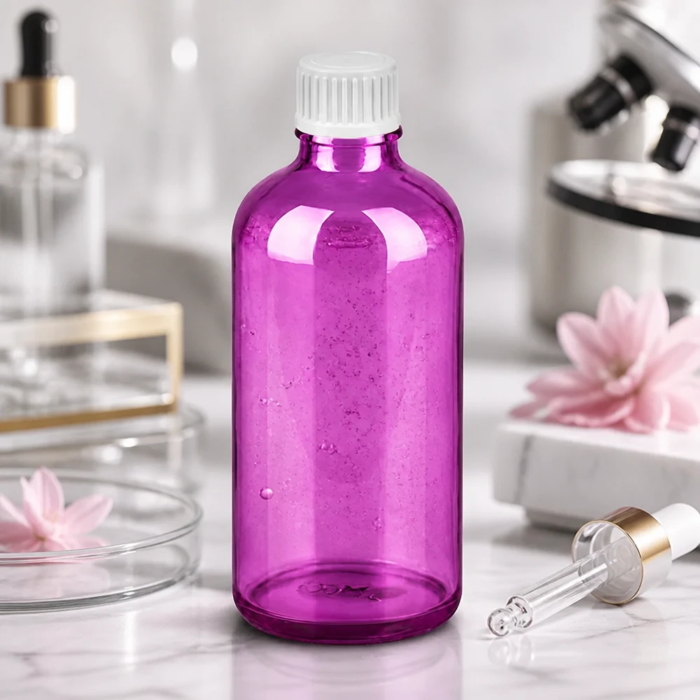 Frasco conta-gotas de 100ml 0,9mm branco padrão PurpleLine UT18/100 Frasco de vidro violeta de 100 ml com função de conta-gotas de precisão para aplicações cosméticas e laboratoriais