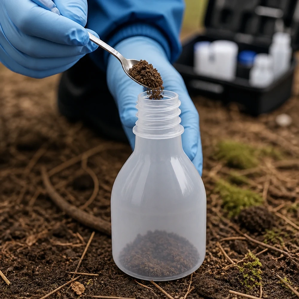 Amostra de campo para análise do solo: frasco de laboratório de 20 ml, de gargalo estreito e sem tampa, durante o enchimento com a amostra de solo