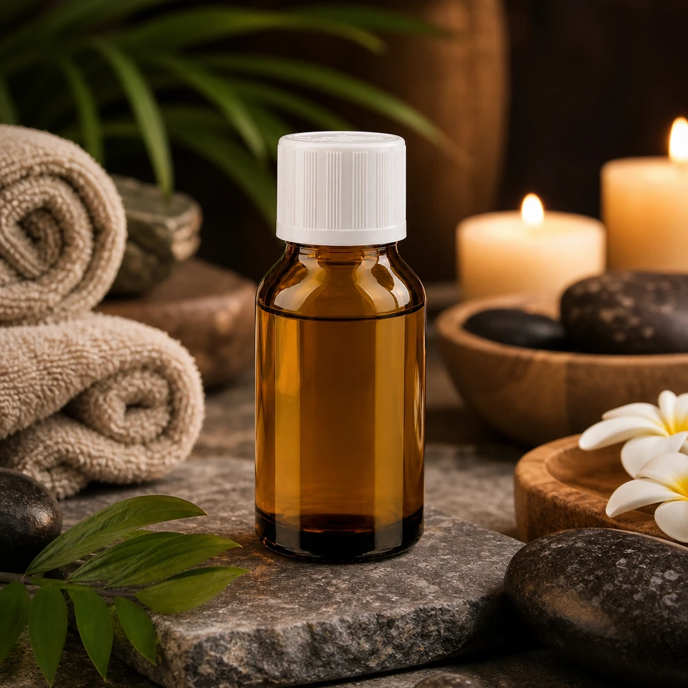 Óleo essencial num frasco de vidro castanho de 15 ml com tampa de rosca branca, num ambiente de spa