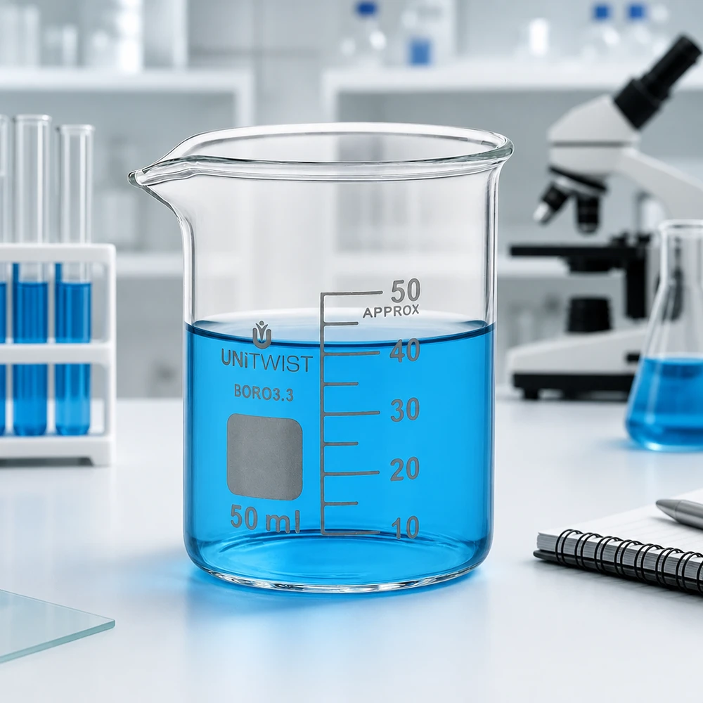 Proveta de laboratório de 50 ml, modelo UNiTWIST de formato baixo, com um líquido azul até ao nível de 40 ml