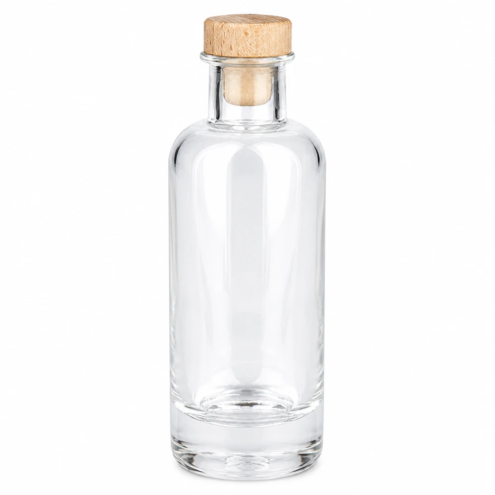 200ml Glasflasche "Ella" mit Holzgriff-Korken UNiTWIST Garrafa de vidro de 200 ml Ella com rolha de madeira transparente vazia Fotografia do produto sobre um fundo branco