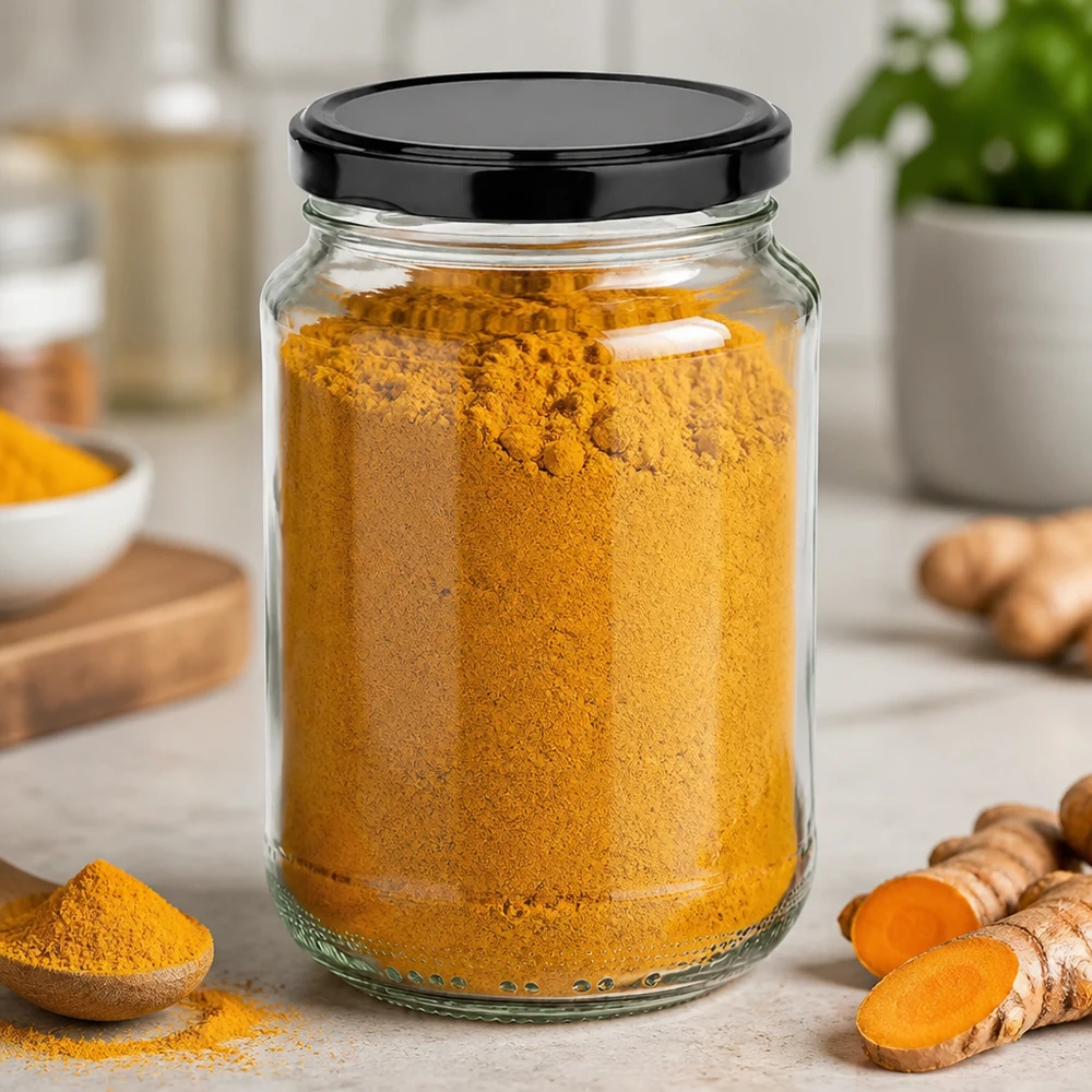 375ml Rundglas mit BasicSeal Deckel schwarz UNiTWIST O frasco redondo de 375 ml cheio de curcuma em pó apresenta uma utilização prática como frasco de especiarias com tampa preta