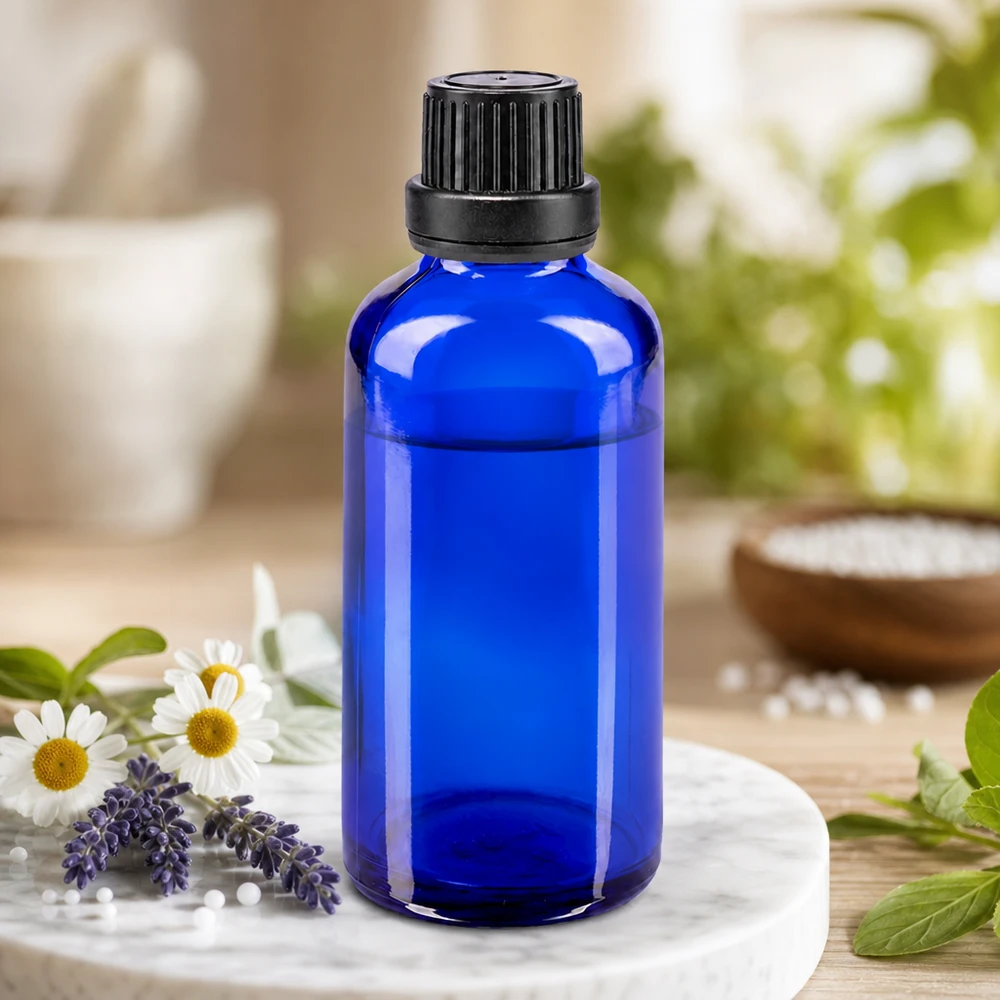 Frasco de vidro azul cobalto de 50 ml com tampa de rosca preta, rodeado por flores de lavanda e camomila