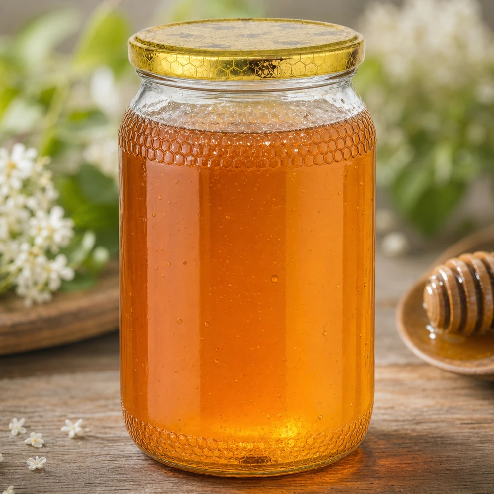 1260g Honigglas + BasicSeal Deckel Bienenwabe UNiTWIST Frasco de mel de 900 ml cheio de mel tampa dourada em forma de favo de mel fundo de madeira recipiente para mel apicultura produto natural