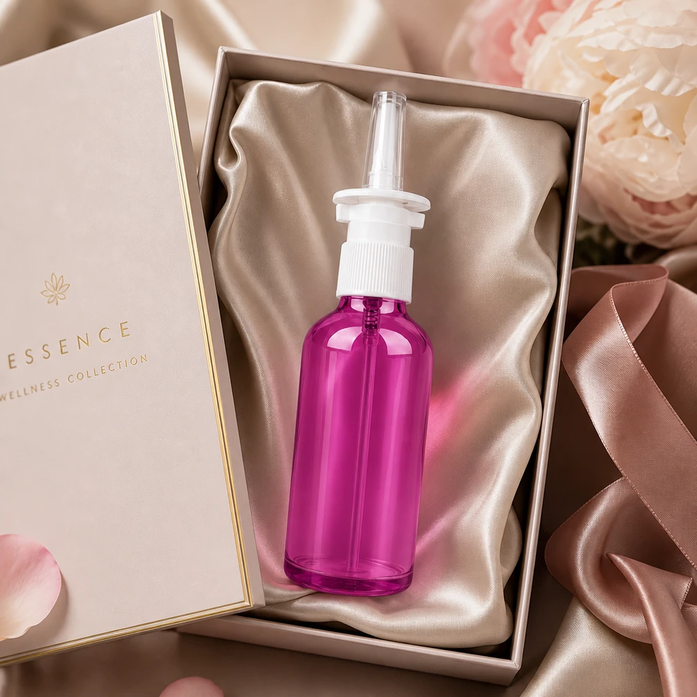 Frasco de spray nasal de 50 ml branco/transparente padrão PurpleLine. UT18/50 Frasco de spray nasal de 50 ml com cabeça de spray branca e tampa protetora com um luxuoso acabamento púrpura