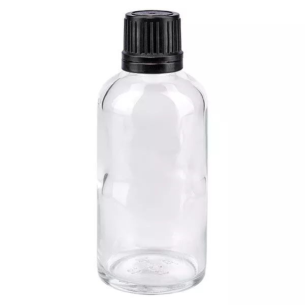 Frasco de farmácia transparente 50ml com tampa de rosca preta com anel de vazamento inviolável Frasco de farmácia transparente 50ml com tampa de rosca preta com anel de vazamento inviolável