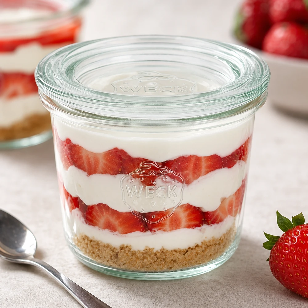Os copos WECK de 80 ml RR60 cheios de creme de morango para sobremesa apresentam uma utilização versátil como frasco de sobremesa e frasco para doses