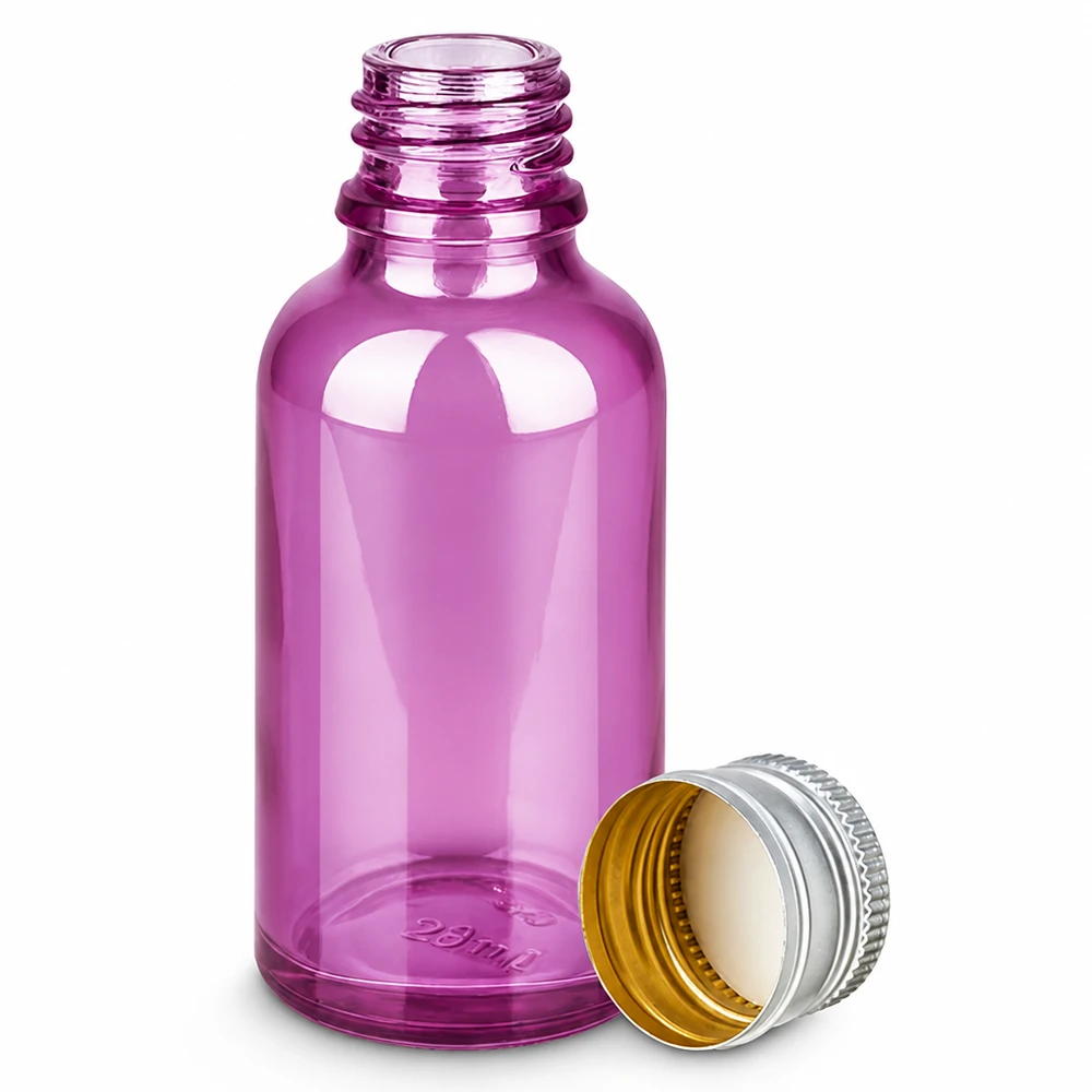 Frasco de 30ml com tampa de rosca de 11mm em alumínio-prata padrão PurpleLine.UT18/30 Frasco conta-gotas roxo de 30 ml com tampa de alumínio para óleos essenciais e cosméticos