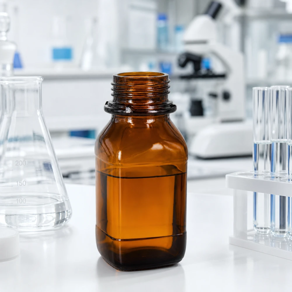Frasco químico quadrado de 250 ml em vidro âmbar com proteção UV para aplicações laboratoriais