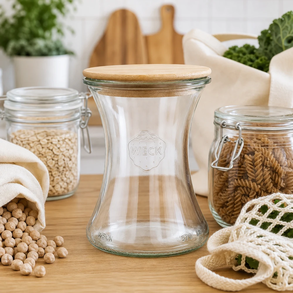 Frasco de charcutaria WECK 370ml RR80 com tampa de madeira na cozinha sem desperdício com frascos de armazenamento sustentáveis e sacos de tecido