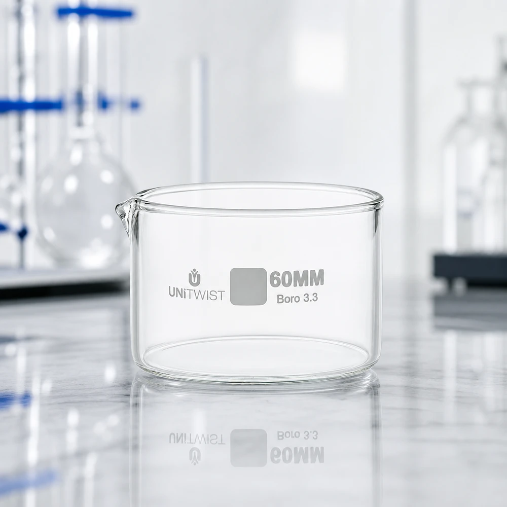 Recipiente de cristalização vazio de 60 mm UNiTWIST Boro 3.3, em frente a um fundo de laboratório com um frasco de Erlenmeyer
