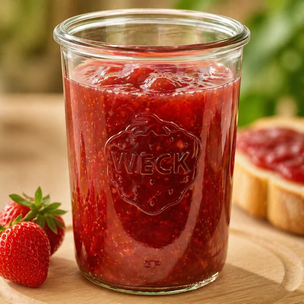 Copos de vidro de 850 ml WECK RR100 850ml WECK Sturzglas RR100 mit Erdbeermarmelade gefüllt auf Holzbrett neben frischen Erdbeeren und Brot