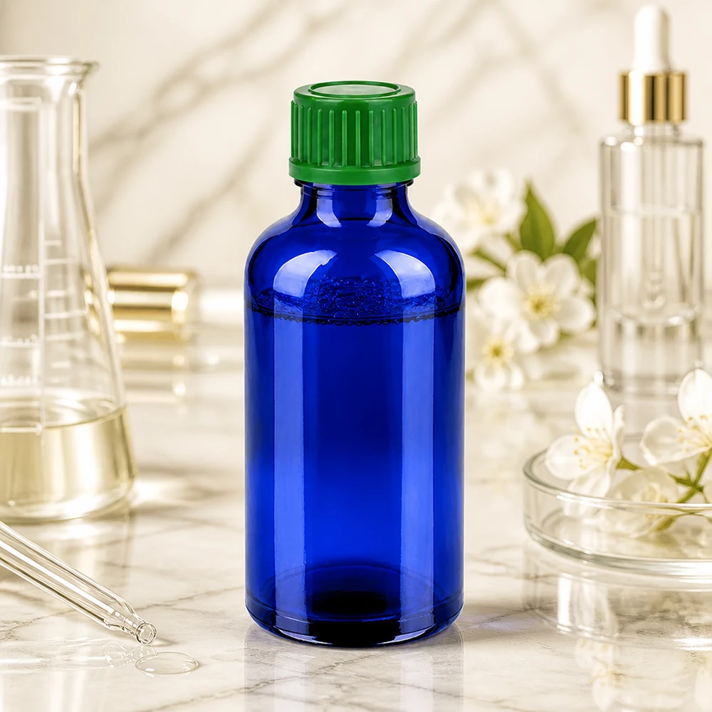 Frasco de vidro azul de 50 ml com tampa de rosca de 11 mm para uma dosagem precisa das essências