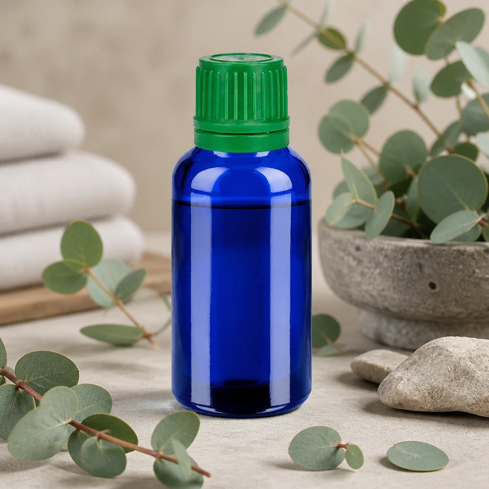 Frasco de 30ml com tampa de rosca de 11mm verde tampa inviolável BlueLine UT18/30 Frasco de vidro de 30 ml de cor azul brilhante com tampa de rosca verde para cosméticos naturais