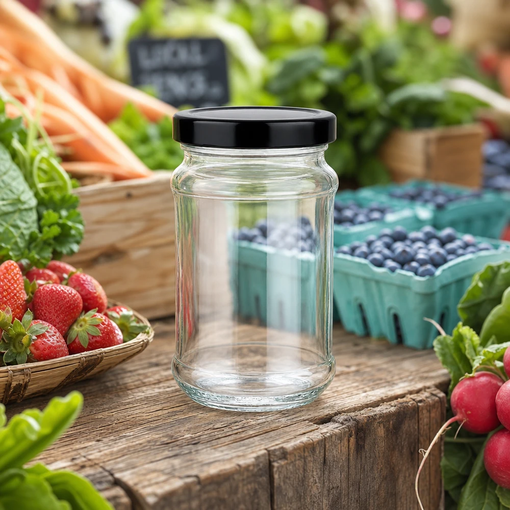 Frasco redondo de 390 ml com tampa BasicSeal preta em cima de uma mesa de madeira entre fruta e legumes frescos do mercado