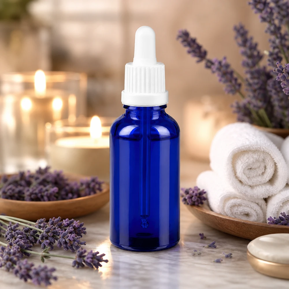 Frasco pipeta de 30 ml azul-cobalto com conta-gotas para aromaterapia e óleos essenciais BlueLine UT18