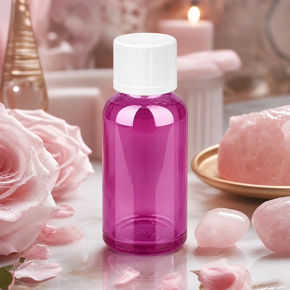 Frasco de 30 ml com tampa de rosca de 11 mm branca padrão resistente a crianças PurpleLine UT18/30 Frasco de vidro compacto de 30 ml em violeta delicado - ideal para viajar e para levar consigo