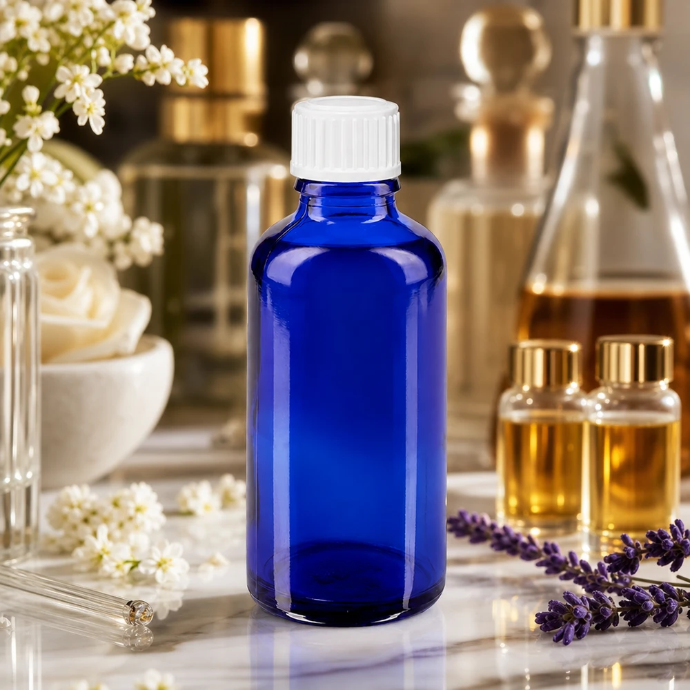 Frasco conta-gotas cilíndrico de 50 ml, em vidro azul cobalto com proteção UV e tampa dosadora branca