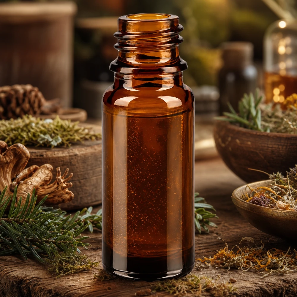 Frasco farmacêutico castanho de 10 ml ApoGlas com pinhas e coníferas para remédios naturais e tinturas