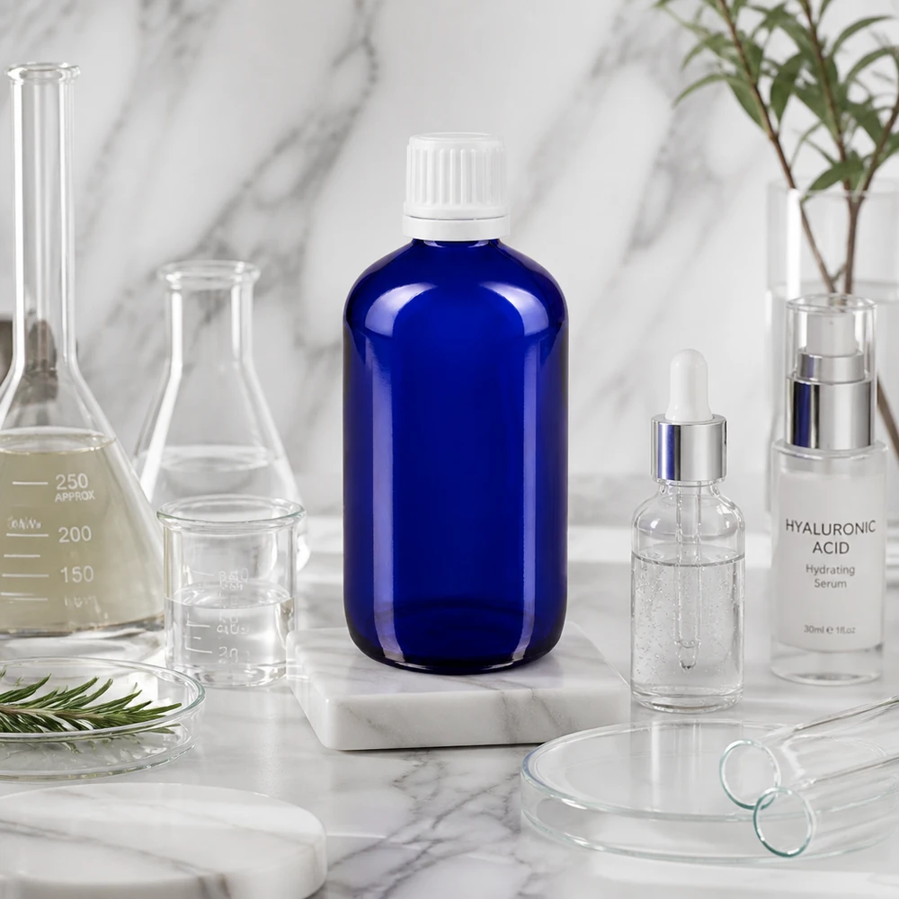 Frasco de farmácia azul 100ml com tampa conta-gotas 1.2mm branca com fecho inviolável Garrafa de vidro azul de 100 ml com tampa OV, ao lado de um sérum de ácido hialurónico e de equipamento de laboratório sobre mármore
