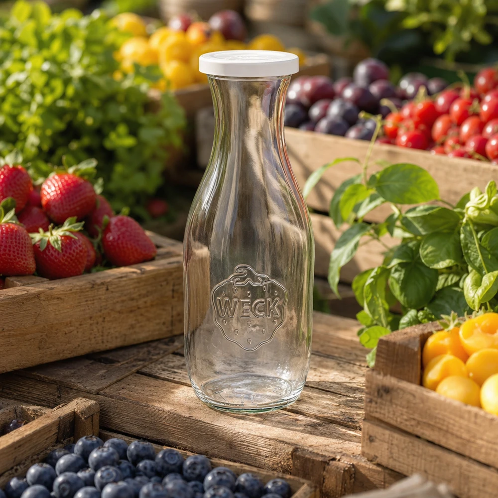 Garrafa para sumo de 1062 ml com tampa de conservação WECK RR60 Garrafa de sumo WECK 1062ml vazia com logótipo entre frutos coloridos em caixas de madeira num cenário de jardim natural